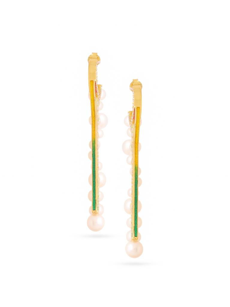 925 Sterling Silver Gold Plated Colorful Enamel With Moissanite And Pearl Danglers Earring For Women : KNPHSILE013