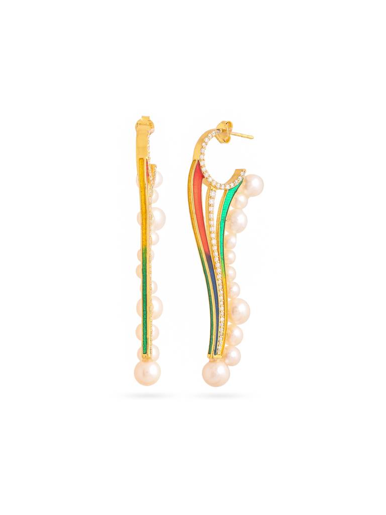 925 Sterling Silver Gold Plated Colorful Enamel With Moissanite And Pearl Danglers Earring For Women : KNPHSILE013
