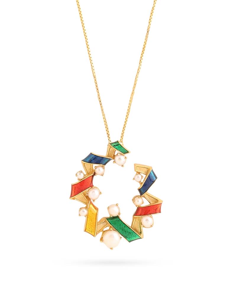 925 Sterling Silver Gold Plated Colorful Enamel With Pearls Pendant With Chain For Women : KNPHSILP001