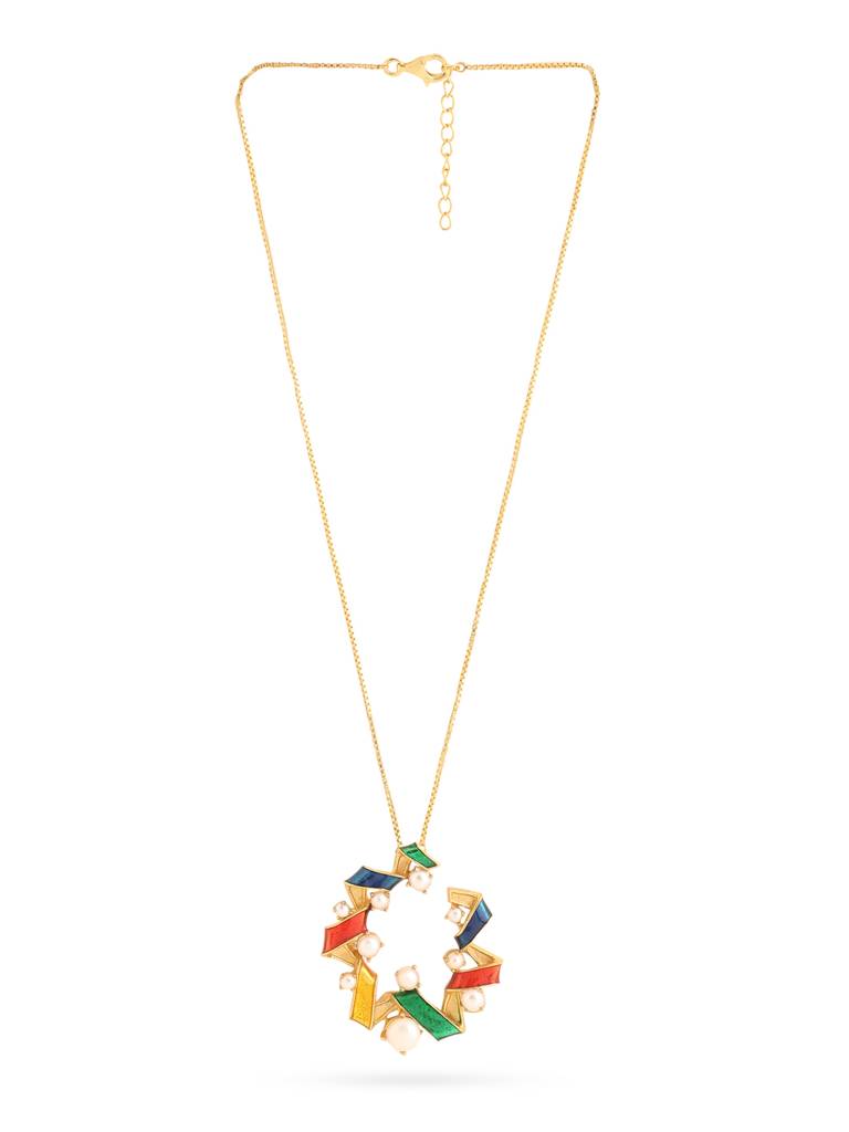 925 Sterling Silver Gold Plated Colorful Enamel With Pearls Pendant With Chain For Women : KNPHSILP001