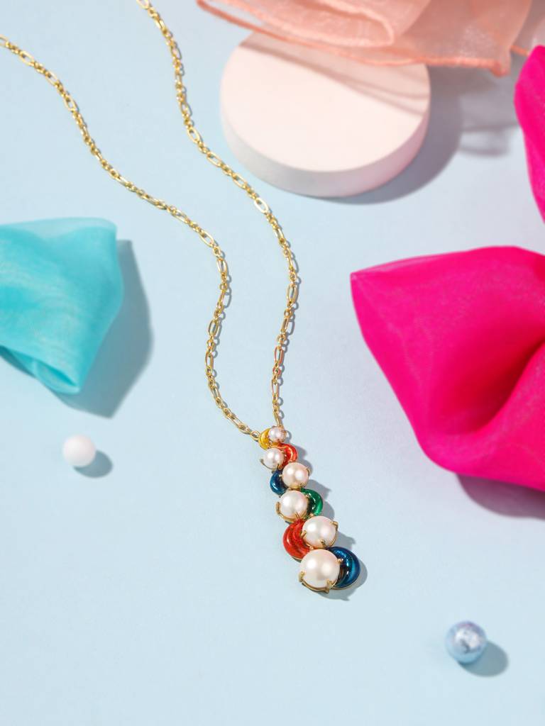 925 Sterling Silver Gold Plated Colorful Enamel With Pearl Wavy Pendant With Chain For Women : KNPHSILP003