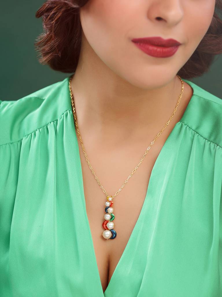 925 Sterling Silver Gold Plated Colorful Enamel With Pearl Wavy Pendant With Chain For Women : KNPHSILP003