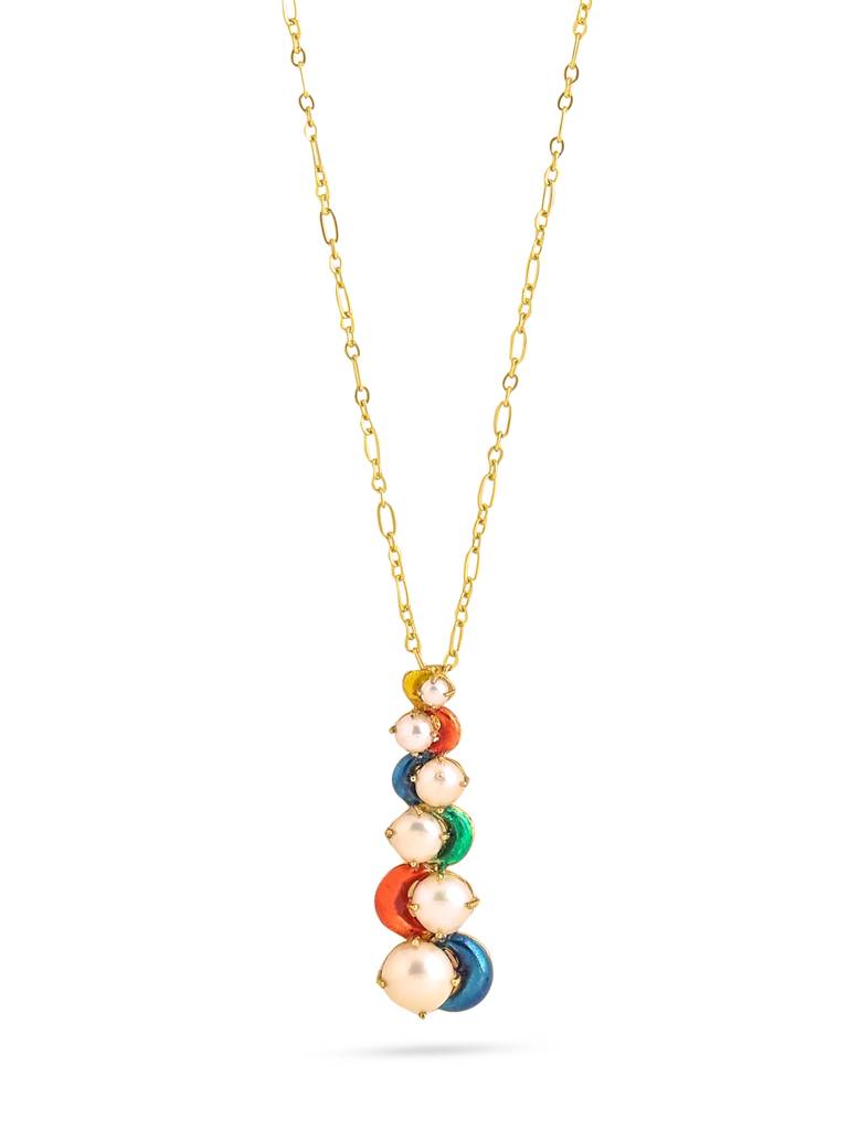 925 Sterling Silver Gold Plated Colorful Enamel With Pearl Wavy Pendant With Chain For Women : KNPHSILP003