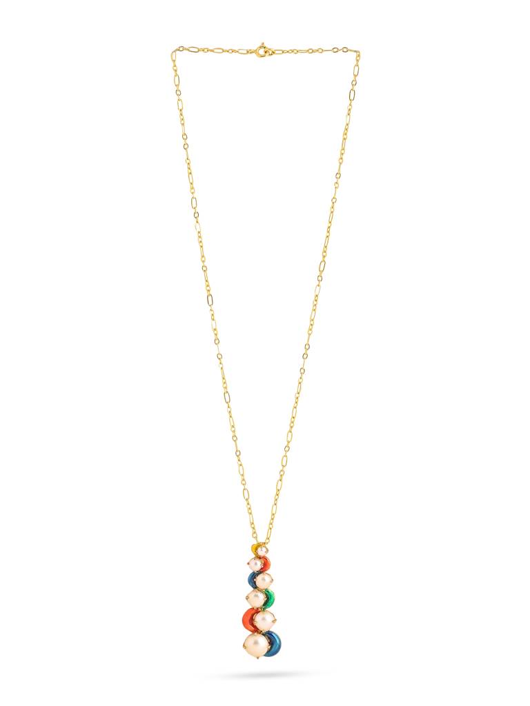 925 Sterling Silver Gold Plated Colorful Enamel With Pearl Wavy Pendant With Chain For Women : KNPHSILP003