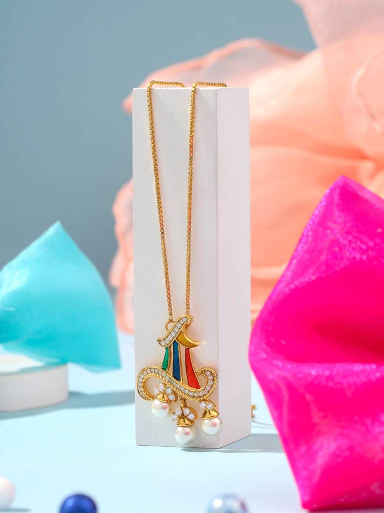 925 Sterling Silver Gold Plated Colorful Enamel With Pearl Joyful Bloom Pendant With Chain For Women : KNPHSILP004