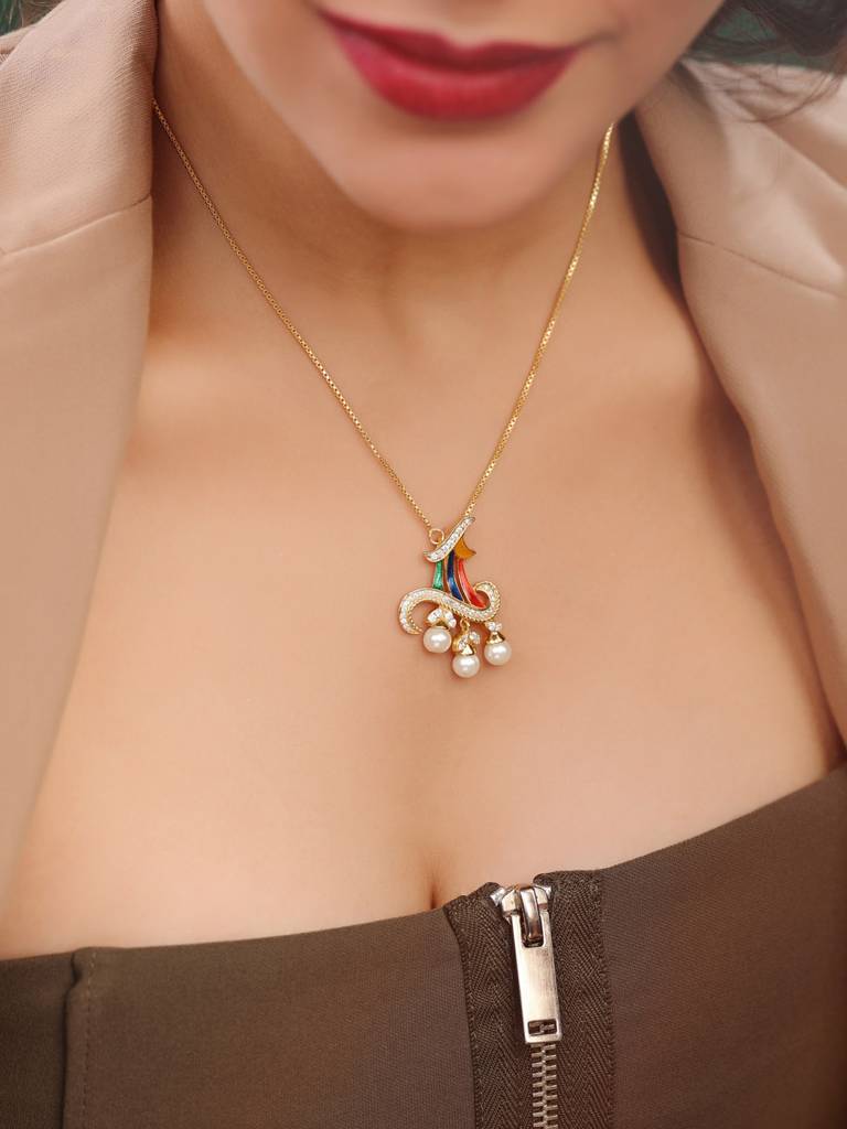 925 Sterling Silver Gold Plated Colorful Enamel With Pearl Joyful Bloom Pendant With Chain For Women : KNPHSILP004