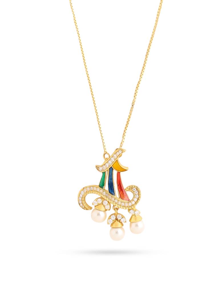 925 Sterling Silver Gold Plated Colorful Enamel With Pearl Joyful Bloom Pendant With Chain For Women : KNPHSILP004