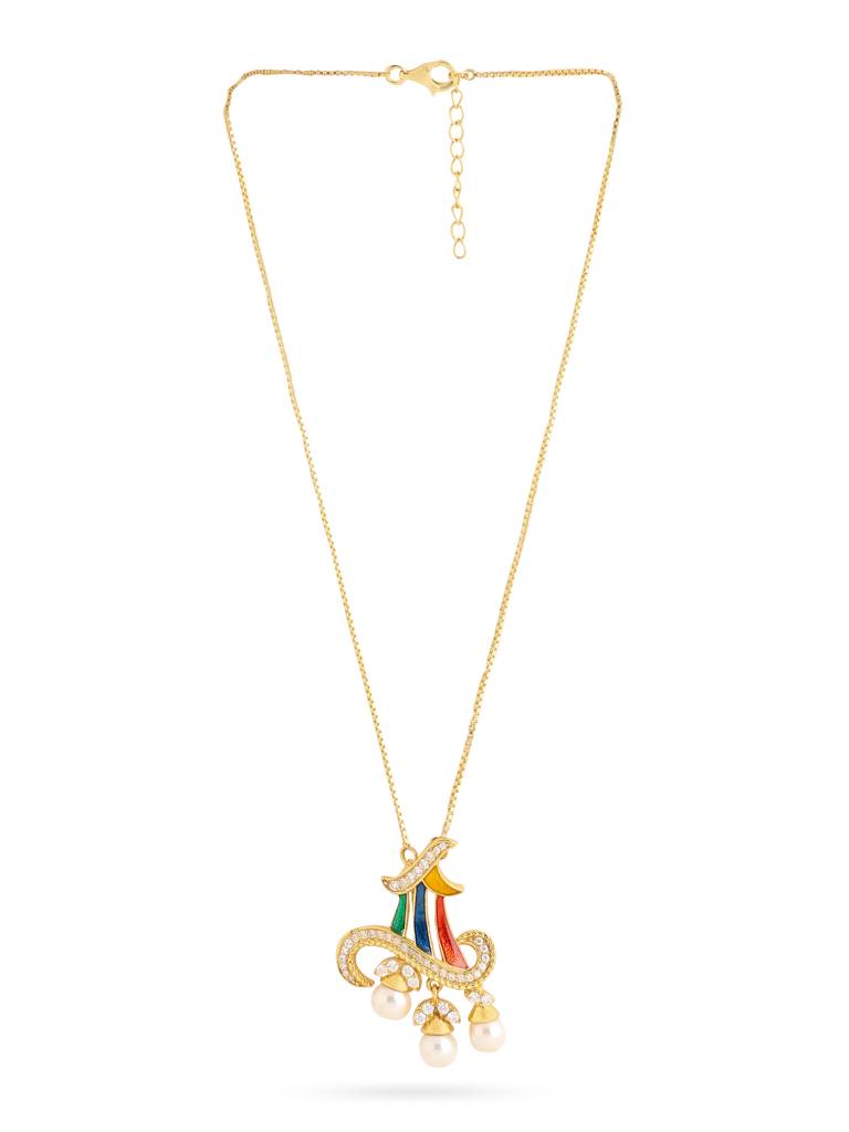 925 Sterling Silver Gold Plated Colorful Enamel With Pearl Joyful Bloom Pendant With Chain For Women : KNPHSILP004