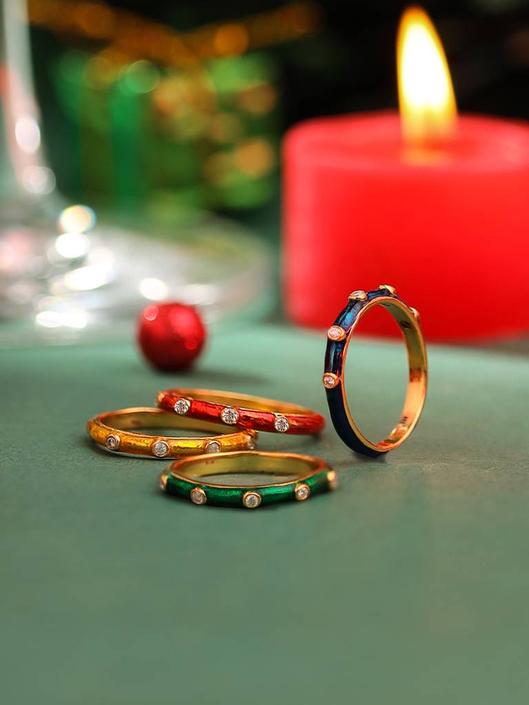 925 Sterling Silver Gold Plated Colorful Enamel With Moissanite Stackable Ring For Women : KNPHSILR001-8