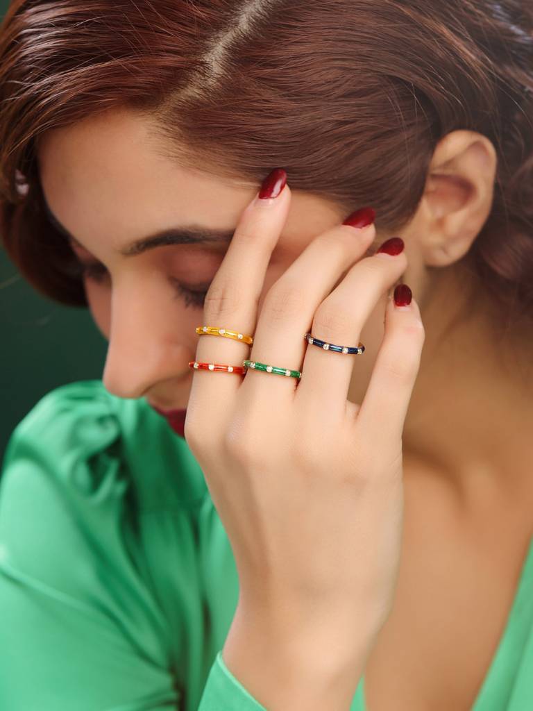 925 Sterling Silver Gold Plated Colorful Enamel With Moissanite Stackable Ring For Women : KNPHSILR001-5