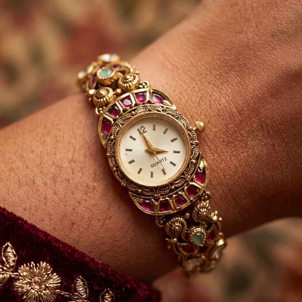 Antique Gold Ruby Emerald Kundan Bracelet Watch For Women | Watch For Women & Girls | Stylish Watch | Wris : KS-MB-WATCH-1-186