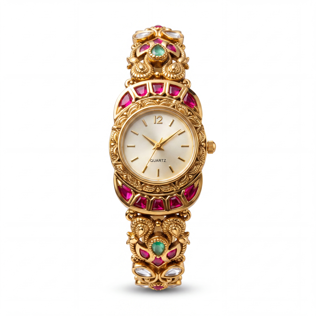 Antique Gold Ruby Emerald Kundan Bracelet Watch For Women | Watch For Women & Girls | Stylish Watch | Wris : KS-MB-WATCH-1-186