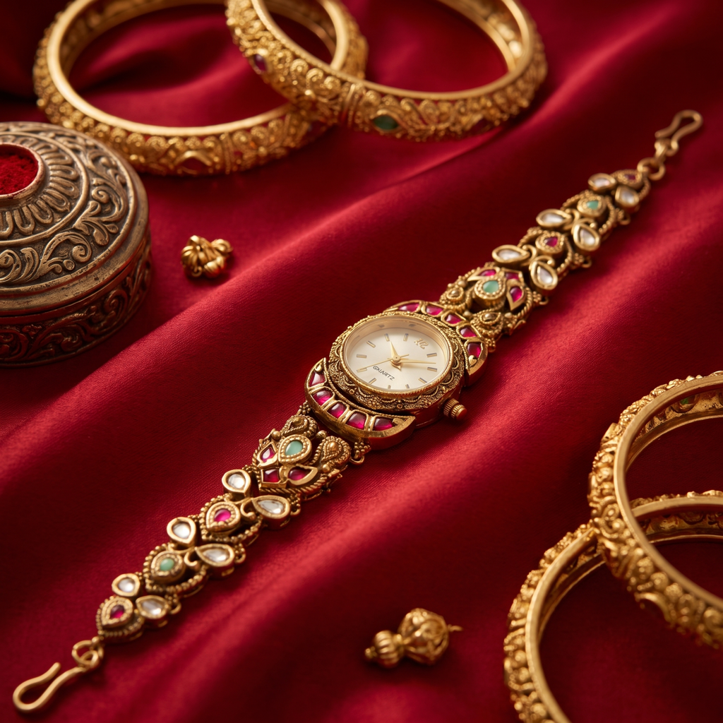 Antique Gold Ruby Emerald Kundan Bracelet Watch For Women | Watch For Women & Girls | Stylish Watch | Wris : KS-MB-WATCH-1-186