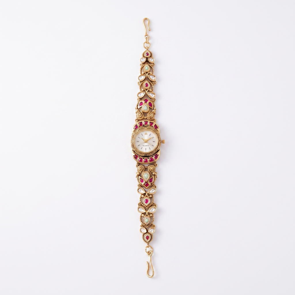 Antique Gold Ruby Emerald Kundan Bracelet Watch For Women | Watch For Women & Girls | Stylish Watch | Wris : KS-MB-WATCH-1-186