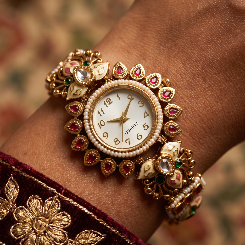 Antique Gold Ruby Drop Pearl Bracelet Watch For Women | Watch For Women & Girls | Stylish Watch | Wrist W : KS-MB-WATCH-10-210