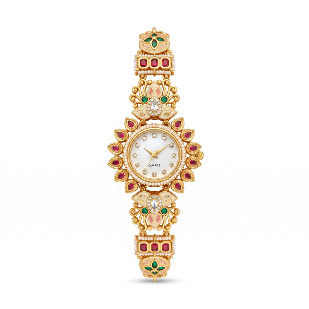 Antique Gold Ruby Drop Pearl Bracelet Watch For Women | Watch For Women & Girls | Stylish Watch | Wrist W : KS-MB-WATCH-10-210