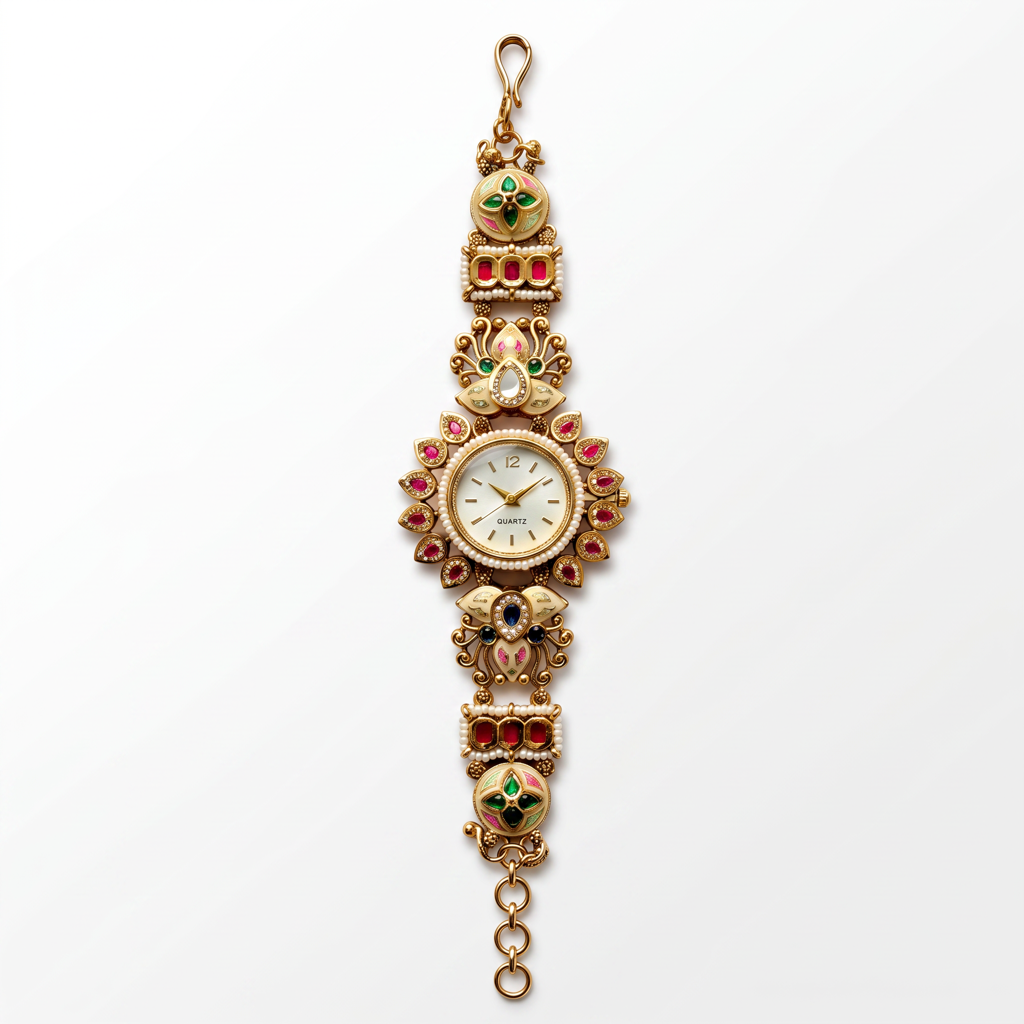 Antique Gold Ruby Drop Pearl Bracelet Watch For Women | Watch For Women & Girls | Stylish Watch | Wrist W : KS-MB-WATCH-10-210