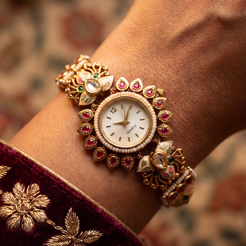 Antique Gold Ruby Pearl Meenakari Oval Bracelet Watch For Women | Watch For Women & Girls | Stylish Watch : KS-MB-WATCH-11-260