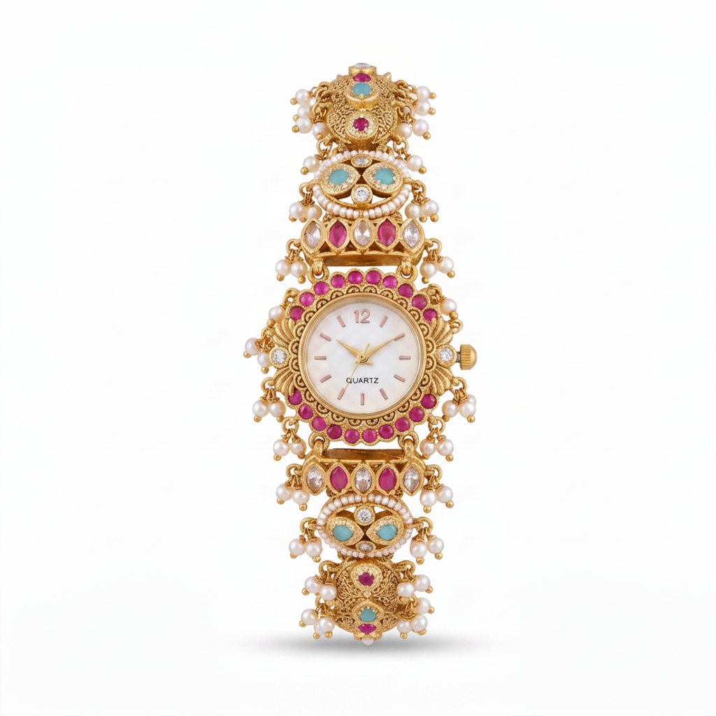 Antique Gold Ruby Pearl Meenakari Oval Bracelet Watch For Women | Watch For Women & Girls | Stylish Watch : KS-MB-WATCH-11-260