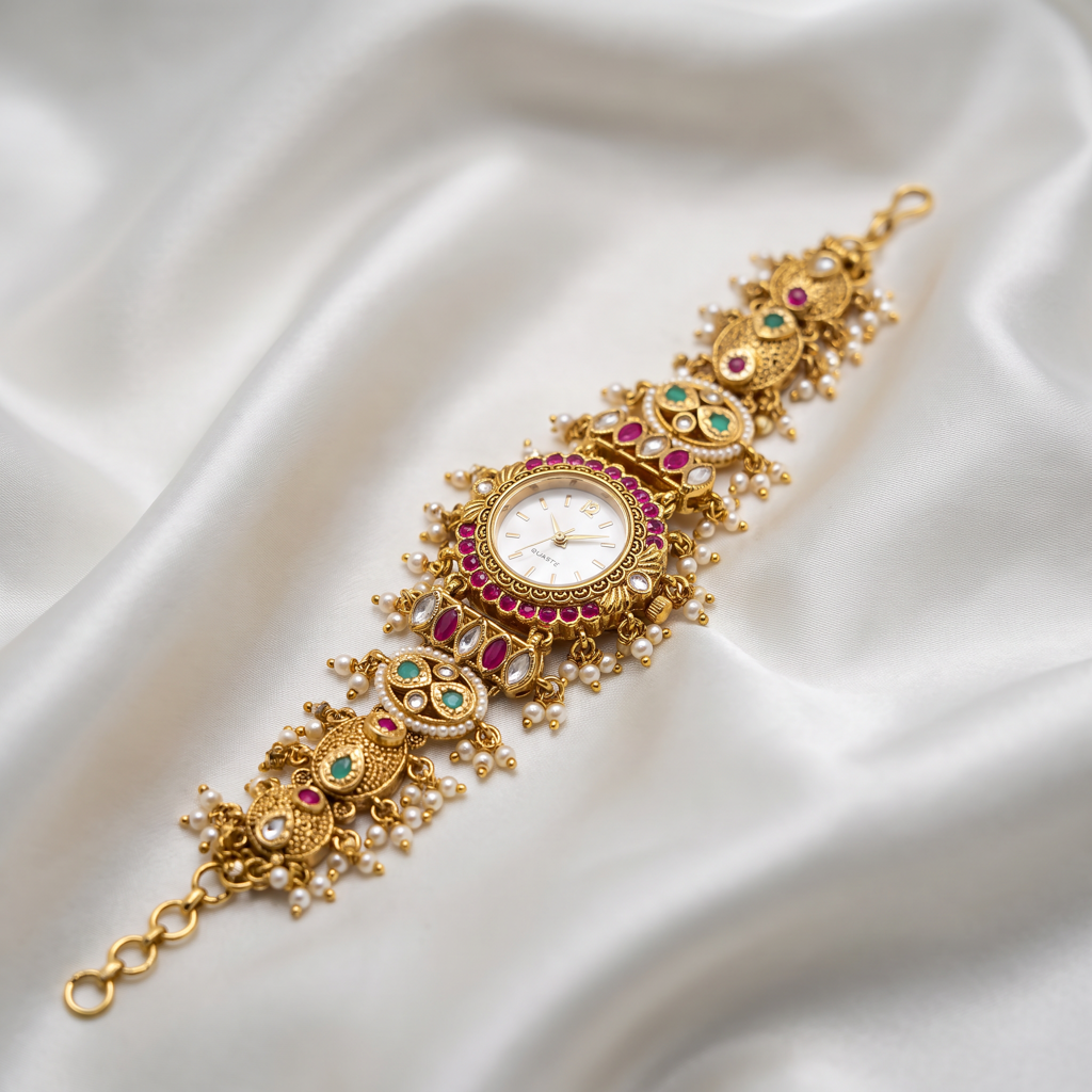 Antique Gold Ruby Pearl Meenakari Oval Bracelet Watch For Women | Watch For Women & Girls | Stylish Watch : KS-MB-WATCH-11-260