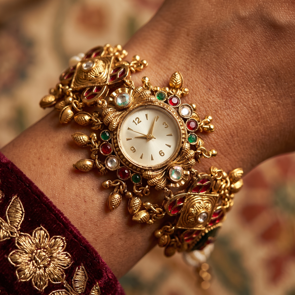 Antique Gold Ruby Emerald Kundan Nagas Bracelet Watch For Women | Watch For Women & Girls | Stylish Watch : KS-MB-WATCH-13-263