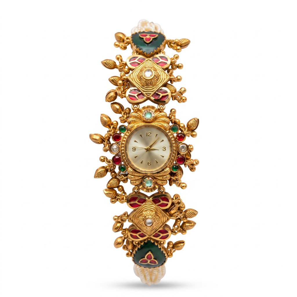 Antique Gold Ruby Emerald Kundan Nagas Bracelet Watch For Women | Watch For Women & Girls | Stylish Watch : KS-MB-WATCH-13-263