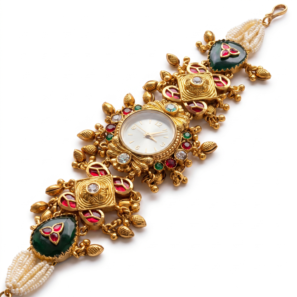 Antique Gold Ruby Emerald Kundan Nagas Bracelet Watch For Women | Watch For Women & Girls | Stylish Watch : KS-MB-WATCH-13-263
