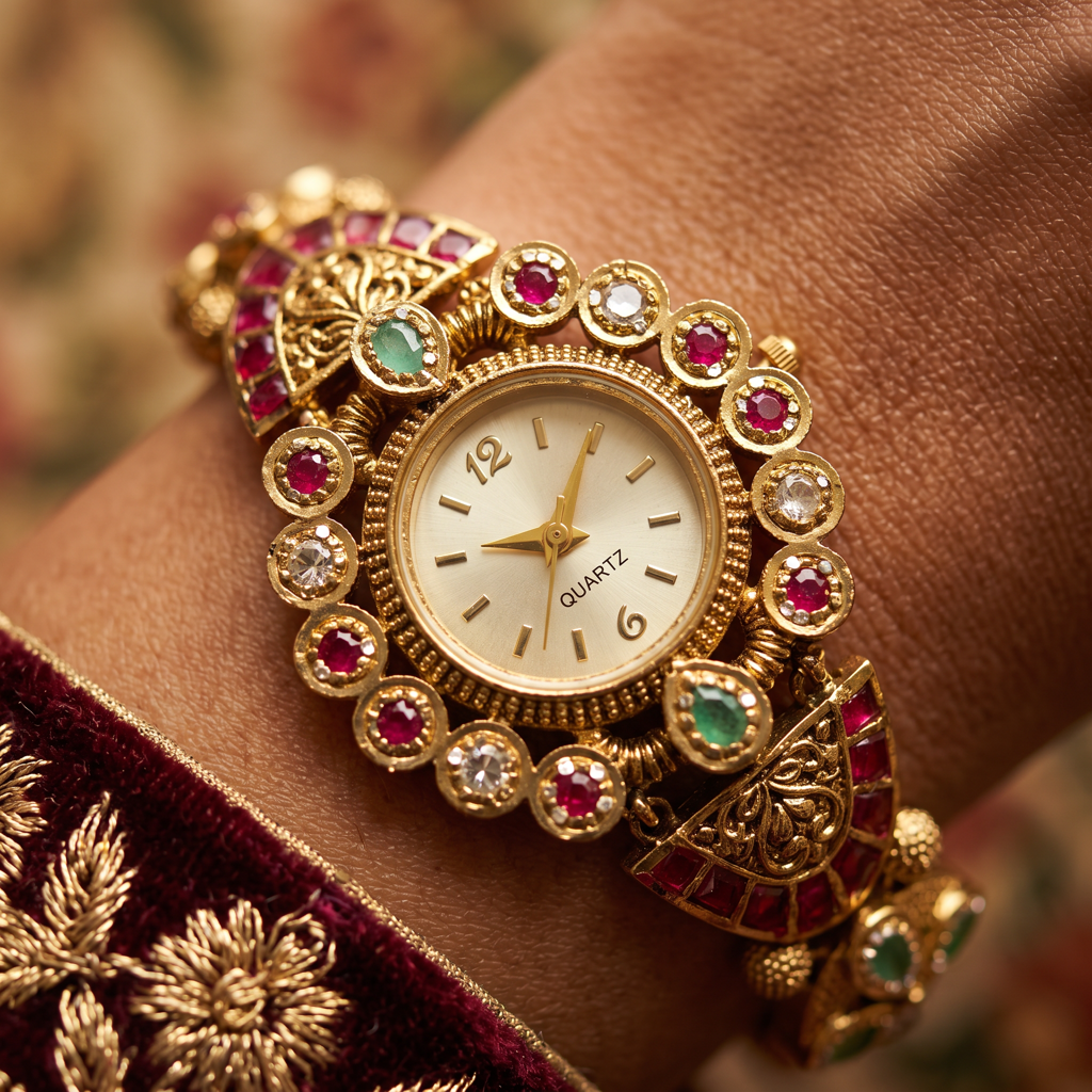 Antique Gold Ruby Emerald Kundan Fan Bracelet Watch For Women | Watch For Women & Girls | Stylish Watch | : KS-MB-WATCH-17-230