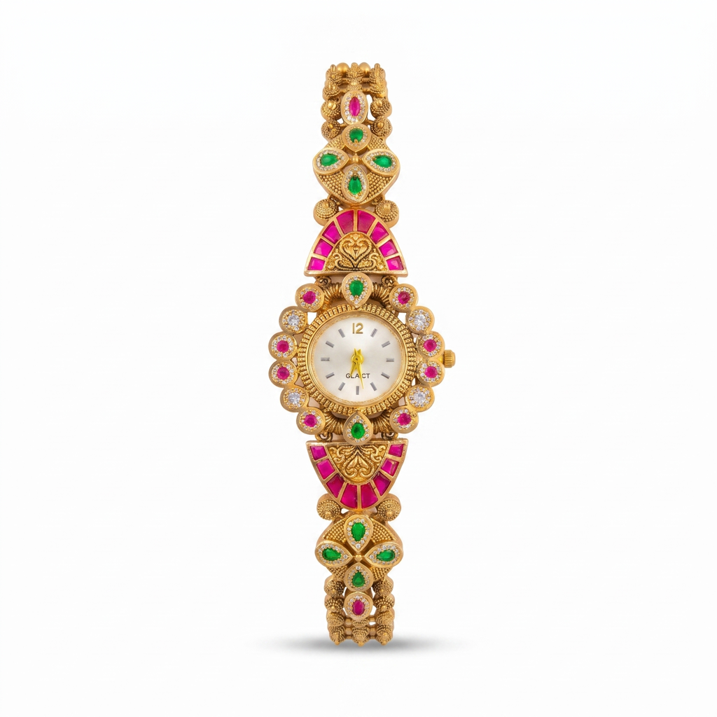 Antique Gold Ruby Emerald Kundan Fan Bracelet Watch For Women | Watch For Women & Girls | Stylish Watch | : KS-MB-WATCH-17-230