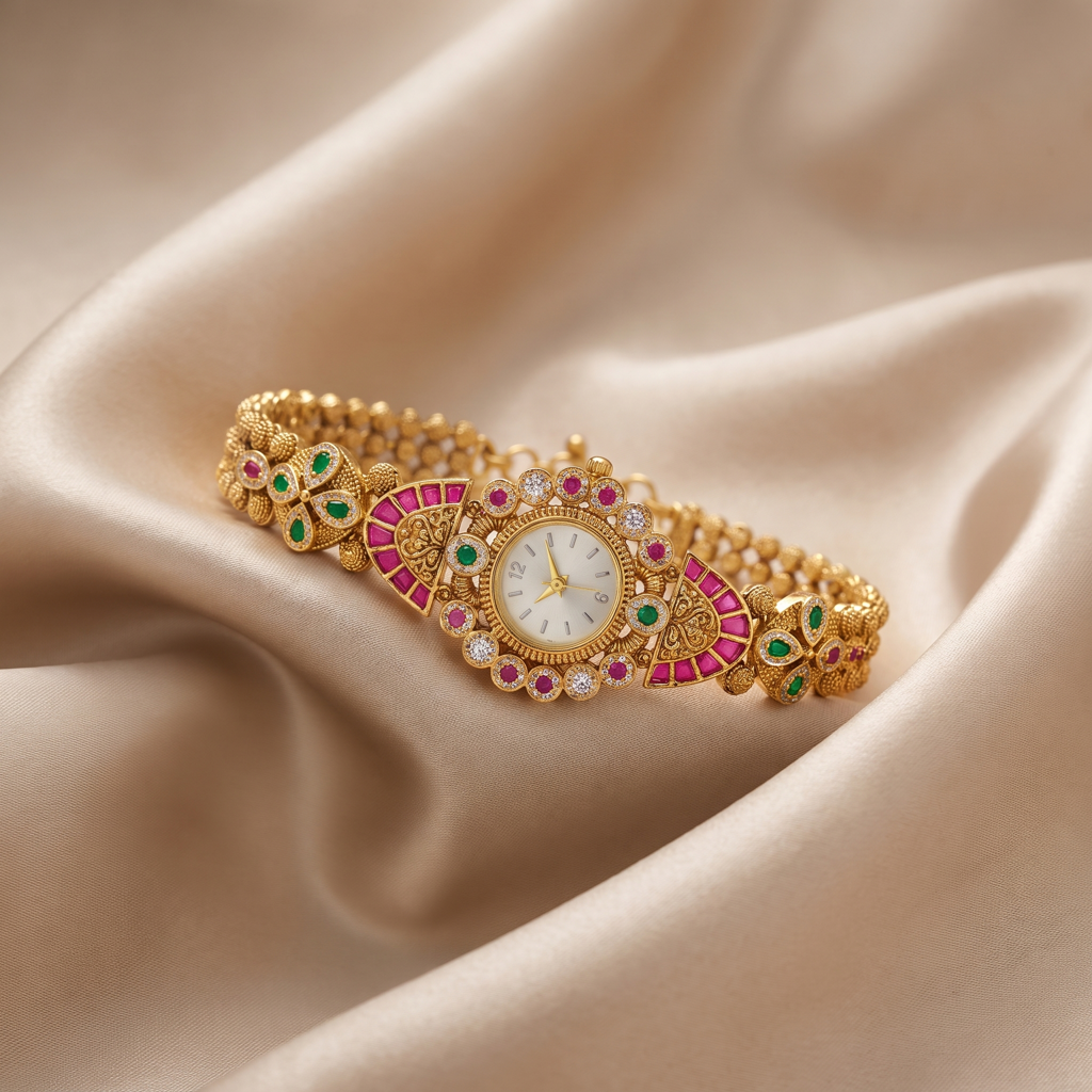 Antique Gold Ruby Emerald Kundan Fan Bracelet Watch For Women | Watch For Women & Girls | Stylish Watch | : KS-MB-WATCH-17-230