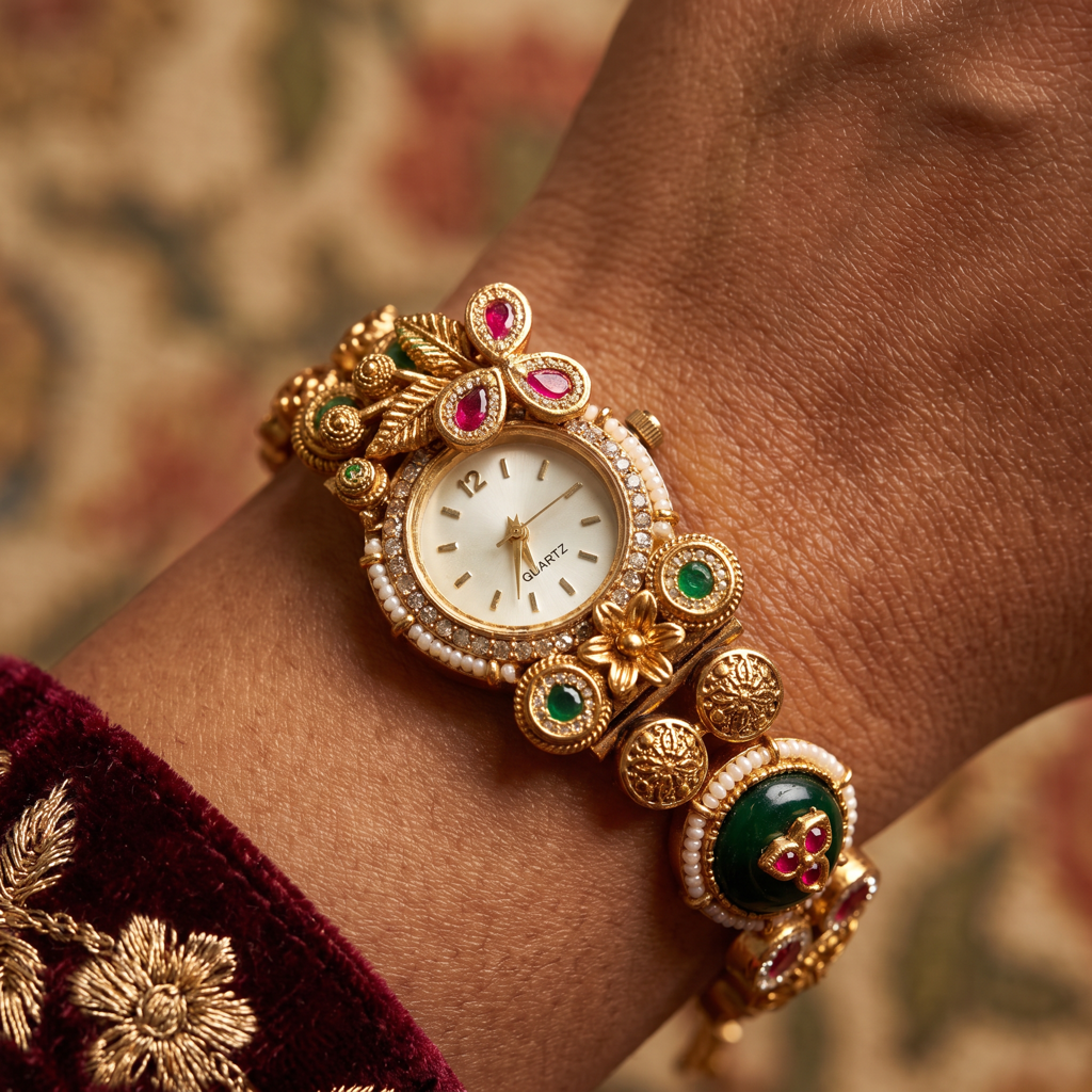 Antique Gold Emerald Ruby Pearl Bracelet Watch For Women | Watch For Women & Girls | Stylish Watch | Wris : KS-MB-WATCH-18-183