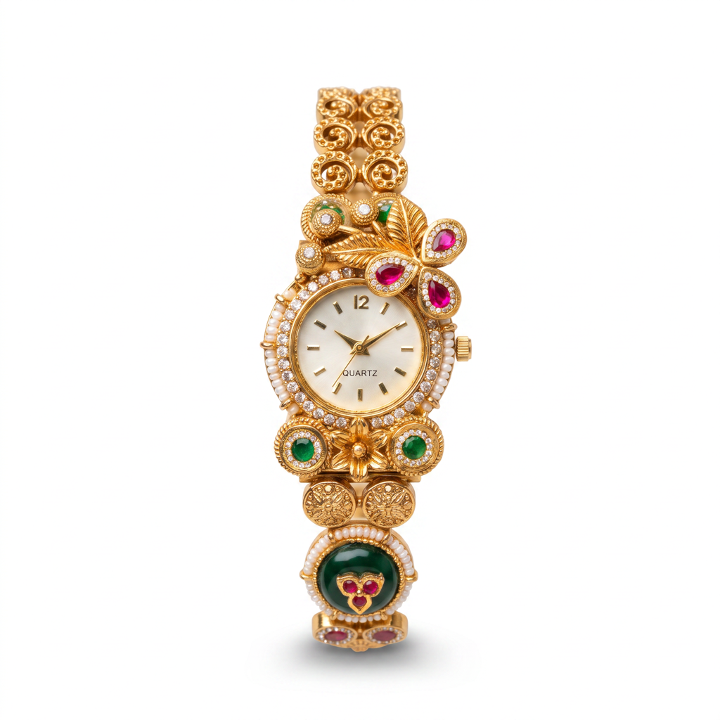 Antique Gold Emerald Ruby Pearl Bracelet Watch For Women | Watch For Women & Girls | Stylish Watch | Wris : KS-MB-WATCH-18-183