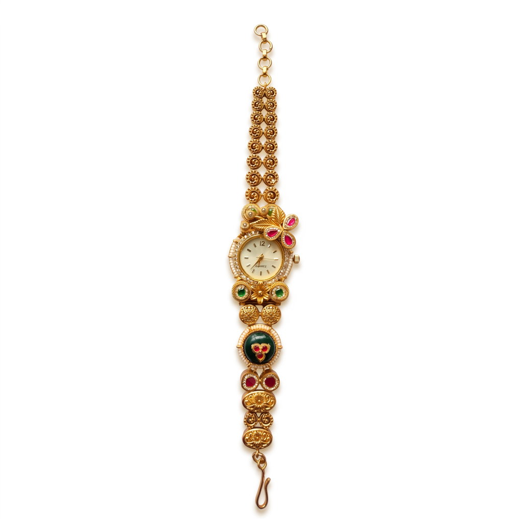 Antique Gold Emerald Ruby Pearl Bracelet Watch For Women | Watch For Women & Girls | Stylish Watch | Wris : KS-MB-WATCH-18-183