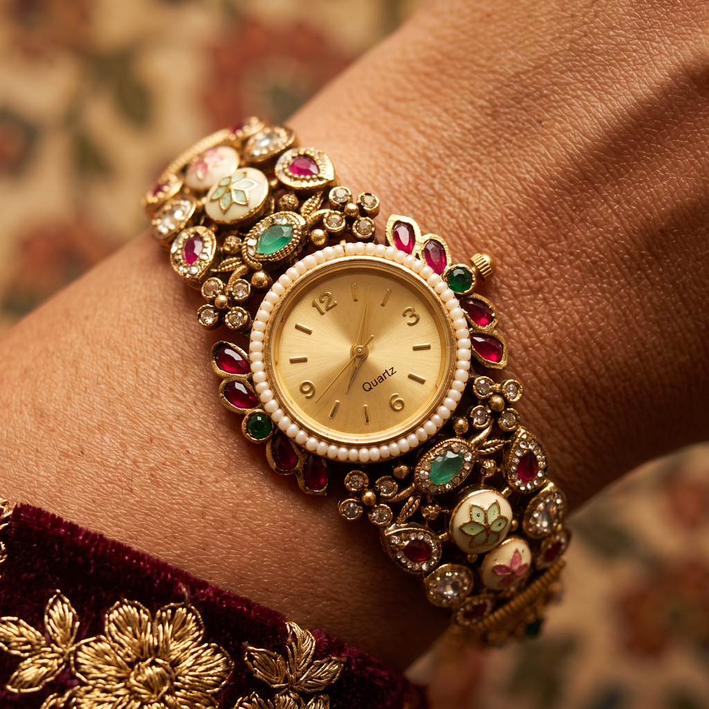 Antique Gold Ruby Emerald Meenakari Bracelet Watch For Women | Watch For Women & Girls | Stylish Watch |  : KS-MB-WATCH-19-223