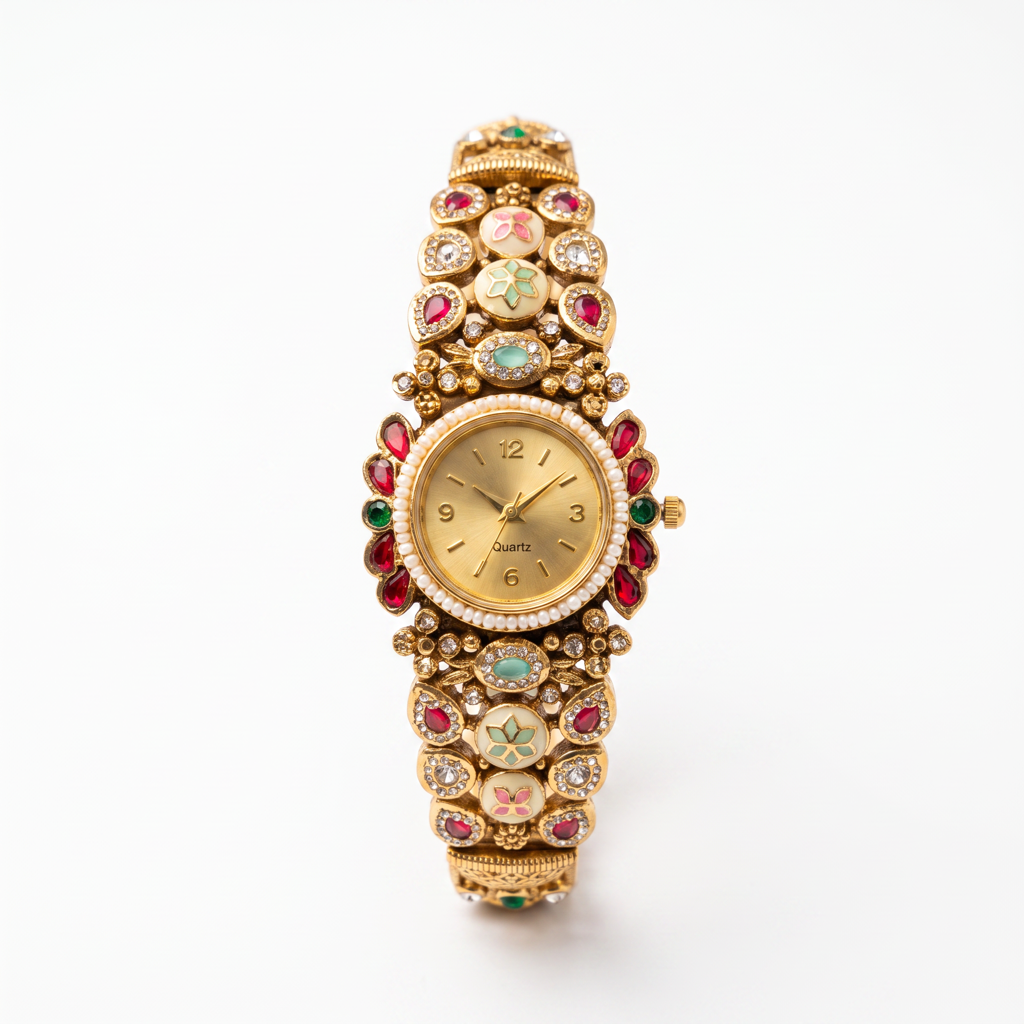 Antique Gold Ruby Emerald Meenakari Bracelet Watch For Women | Watch For Women & Girls | Stylish Watch |  : KS-MB-WATCH-19-223