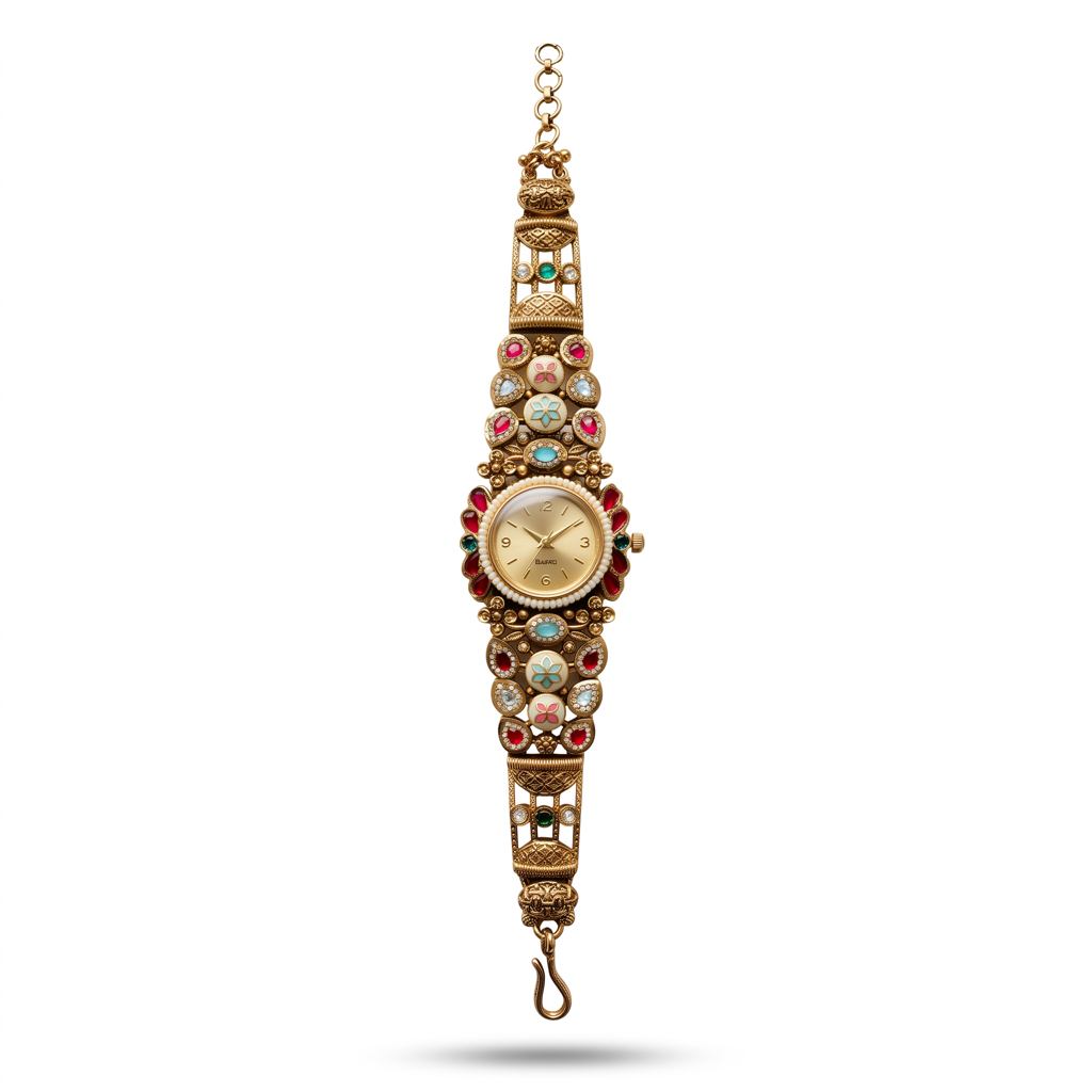 Antique Gold Ruby Emerald Meenakari Bracelet Watch For Women | Watch For Women & Girls | Stylish Watch |  : KS-MB-WATCH-19-223