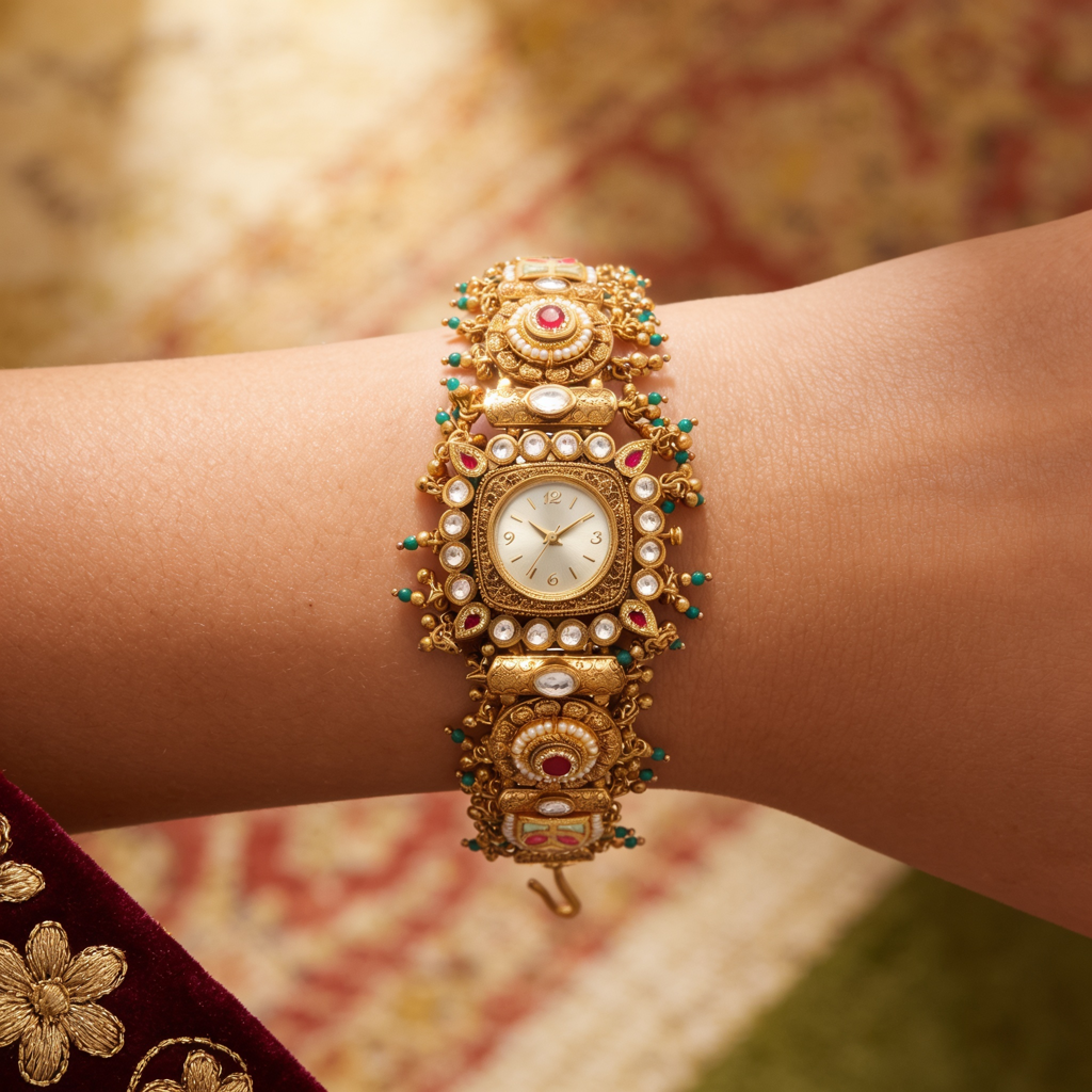 Antique Gold Kundan Ruby Square Bracelet Watch For Women | Watch For Women & Girls | Stylish Watch | Wris : KS-MB-WATCH-20-226