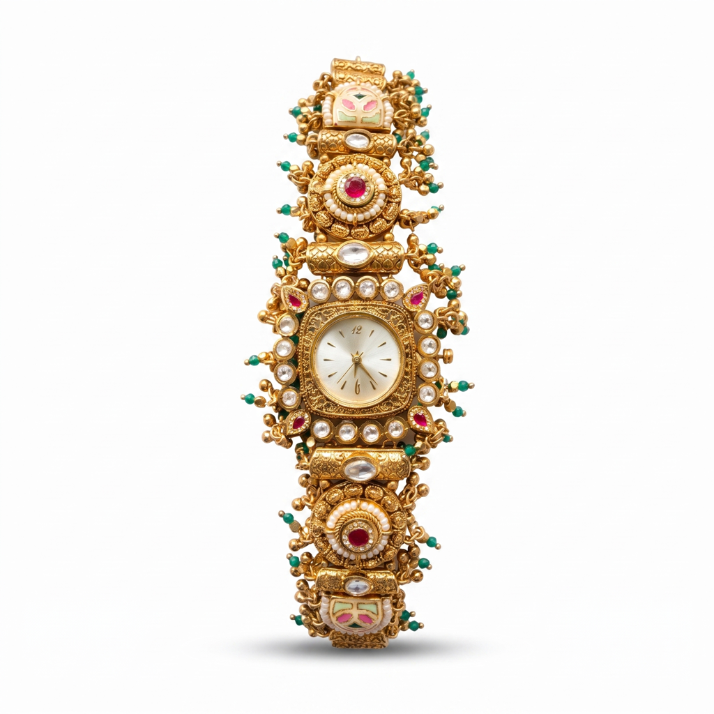 Antique Gold Kundan Ruby Square Bracelet Watch For Women | Watch For Women & Girls | Stylish Watch | Wris : KS-MB-WATCH-20-226