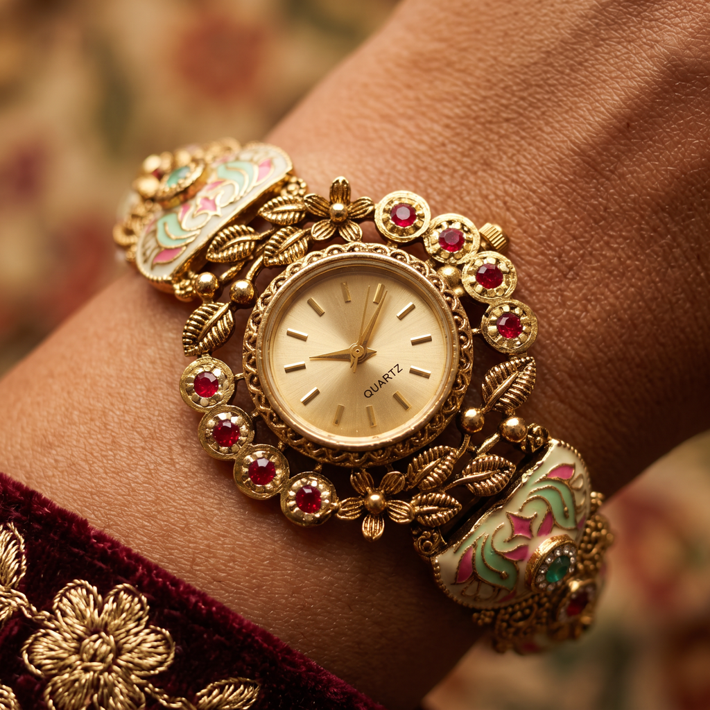 Antique Gold Ruby Meenakari Bracelet Watch For Women | Watch For Women & Girls | Stylish Watch | Wrist Wa : KS-MB-WATCH-22-193