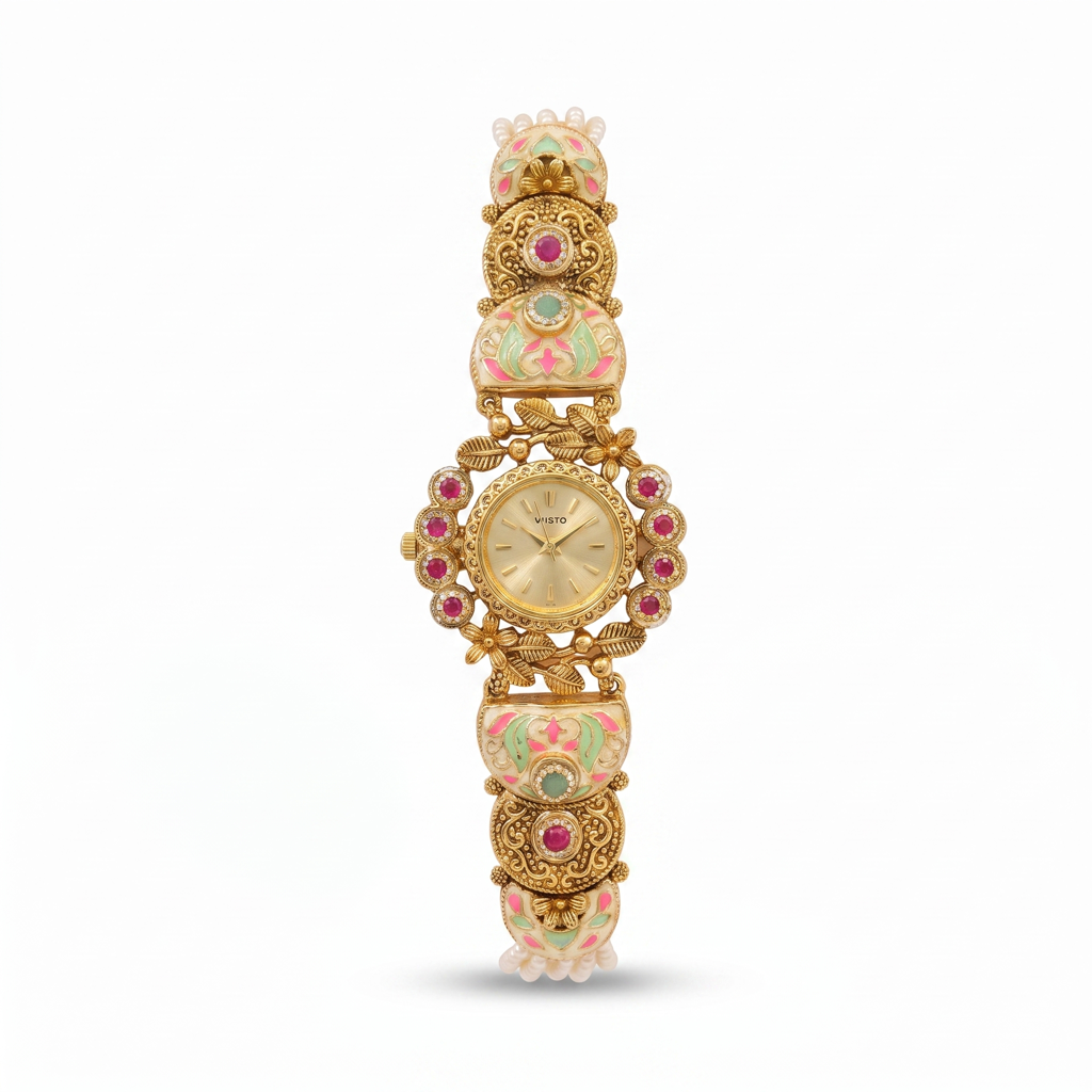 Antique Gold Ruby Meenakari Bracelet Watch For Women | Watch For Women & Girls | Stylish Watch | Wrist Wa : KS-MB-WATCH-22-193