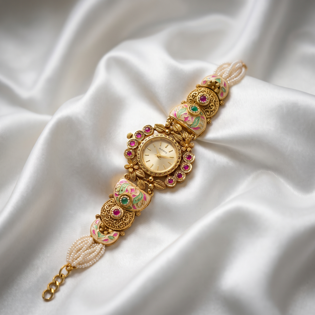 Antique Gold Ruby Meenakari Bracelet Watch For Women | Watch For Women & Girls | Stylish Watch | Wrist Wa : KS-MB-WATCH-22-193