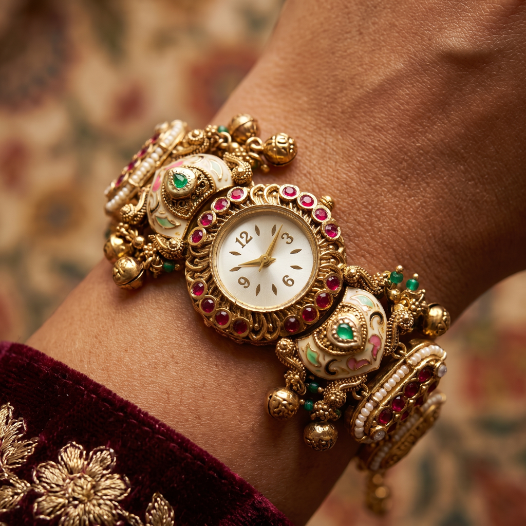 Antique Gold Ruby Meenakari Ghungroo Bracelet Watch For Women | Watch For Women & Girls | Stylish Watch | : KS-MB-WATCH-23-183