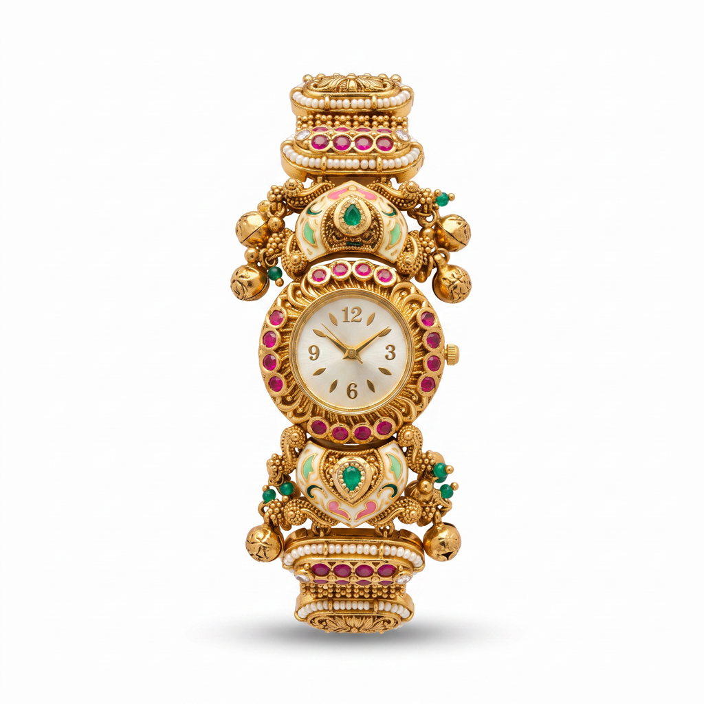 Antique Gold Ruby Meenakari Ghungroo Bracelet Watch For Women | Watch For Women & Girls | Stylish Watch | : KS-MB-WATCH-23-183
