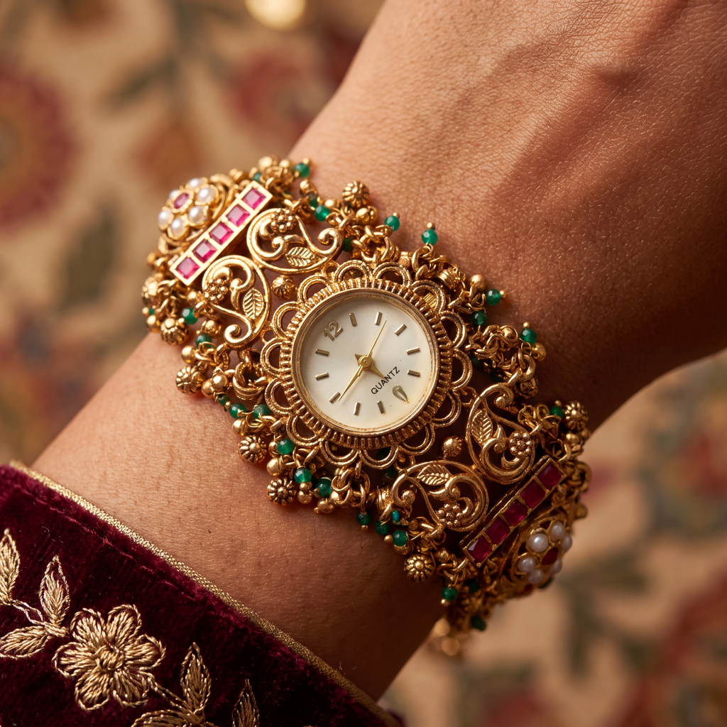 Antique Gold Ruby Kundan Pearl Jali Bracelet Watch For Women | Watch For Women & Girls | Stylish Watch |  : KS-MB-WATCH-25-267