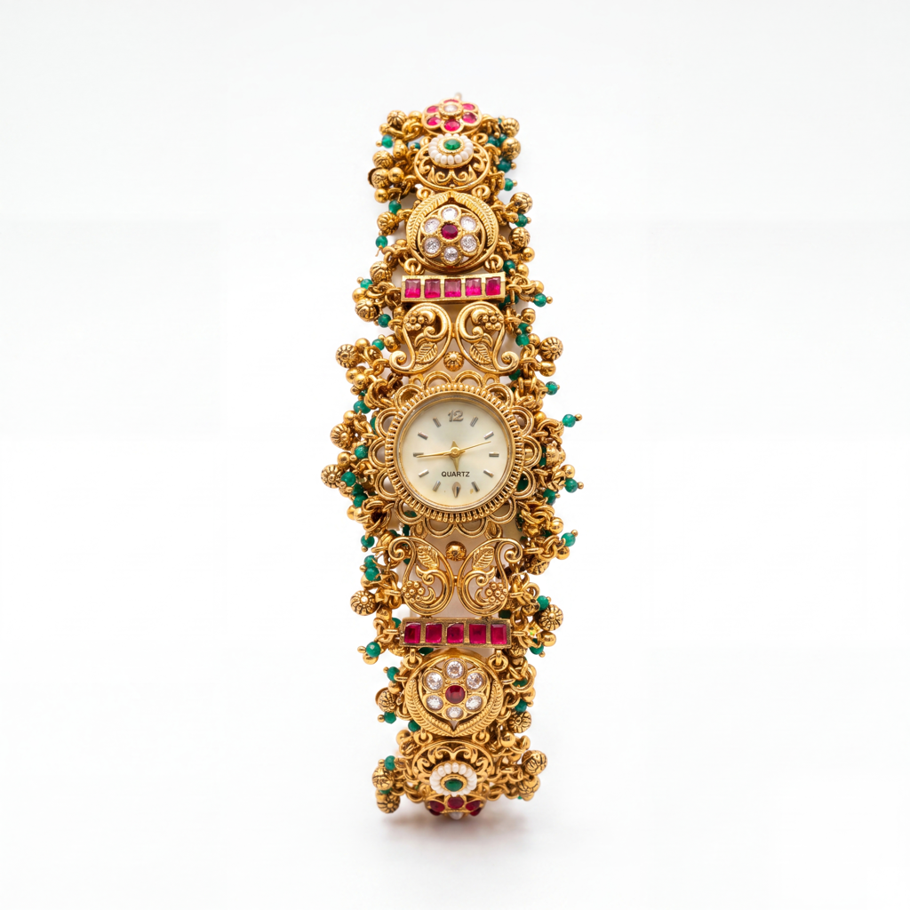 Antique Gold Ruby Kundan Pearl Jali Bracelet Watch For Women | Watch For Women & Girls | Stylish Watch |  : KS-MB-WATCH-25-267