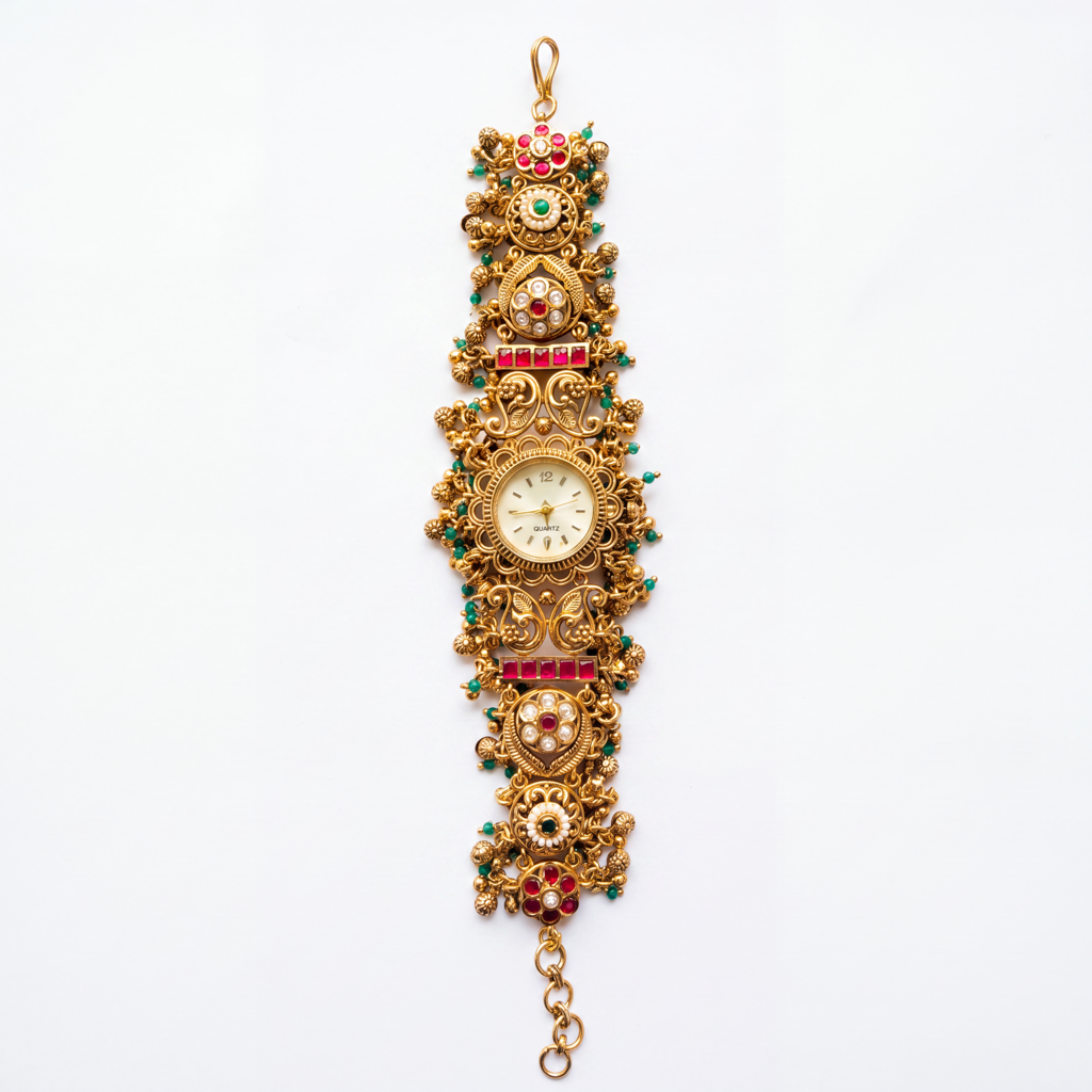 Antique Gold Ruby Kundan Pearl Jali Bracelet Watch For Women | Watch For Women & Girls | Stylish Watch |  : KS-MB-WATCH-25-267