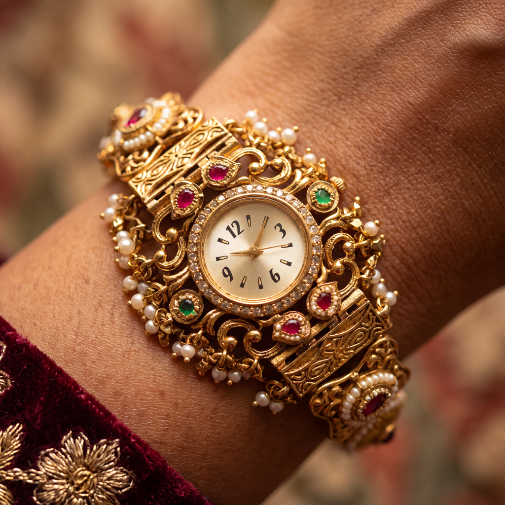 Antique Gold Ruby Emerald Pearl Bracelet Watch For Women | Stylish Watch | Wrist Watches For Girls | Idea : KS-MB-WATCH-26-216