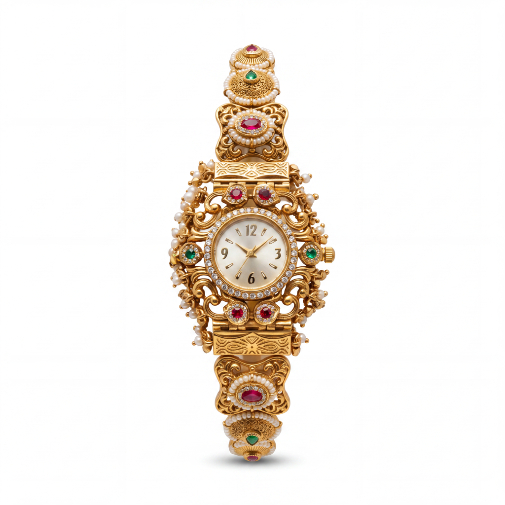 Antique Gold Ruby Emerald Pearl Bracelet Watch For Women | Stylish Watch | Wrist Watches For Girls | Idea : KS-MB-WATCH-26-216