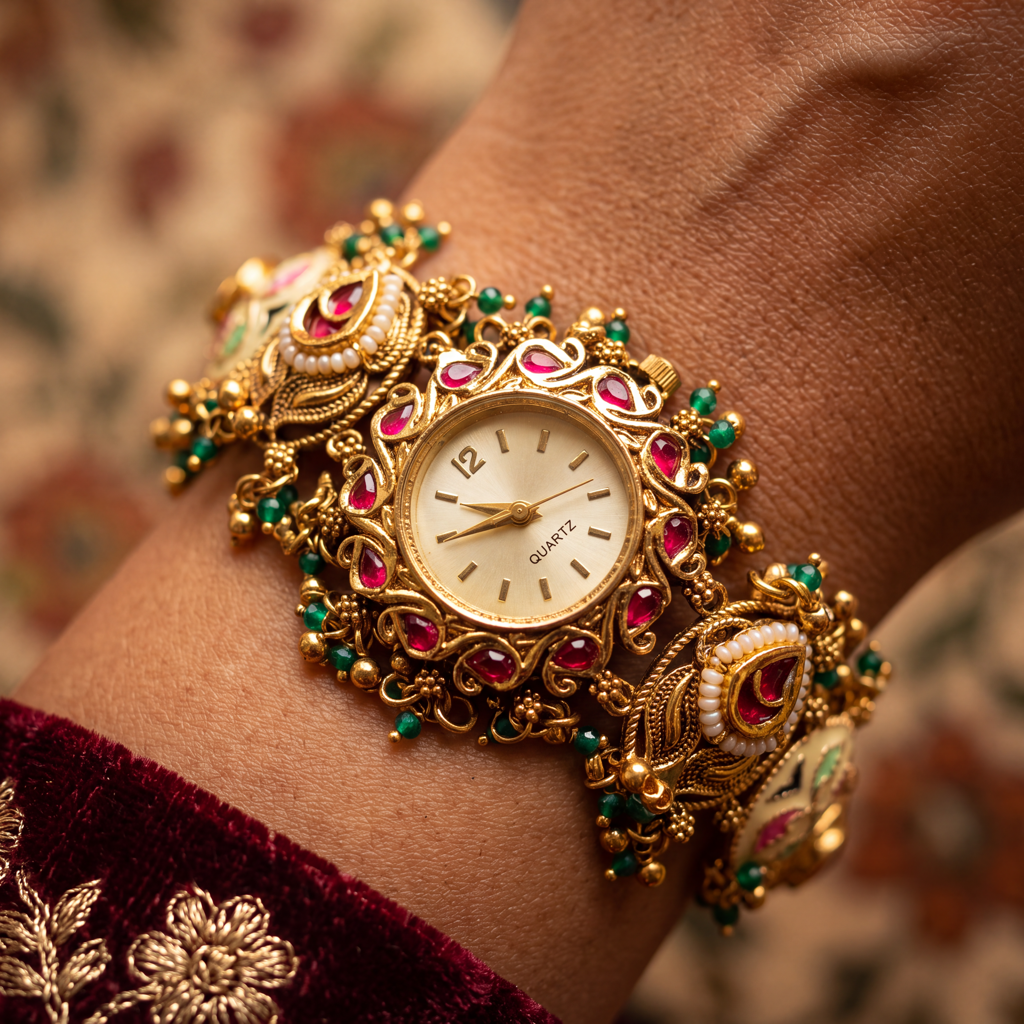 Antique Gold Ruby Emerald Vine Bracelet Watch For Women | Watch For Women & Girls | Stylish Watch | Wrist : KS-MB-WATCH-27-202