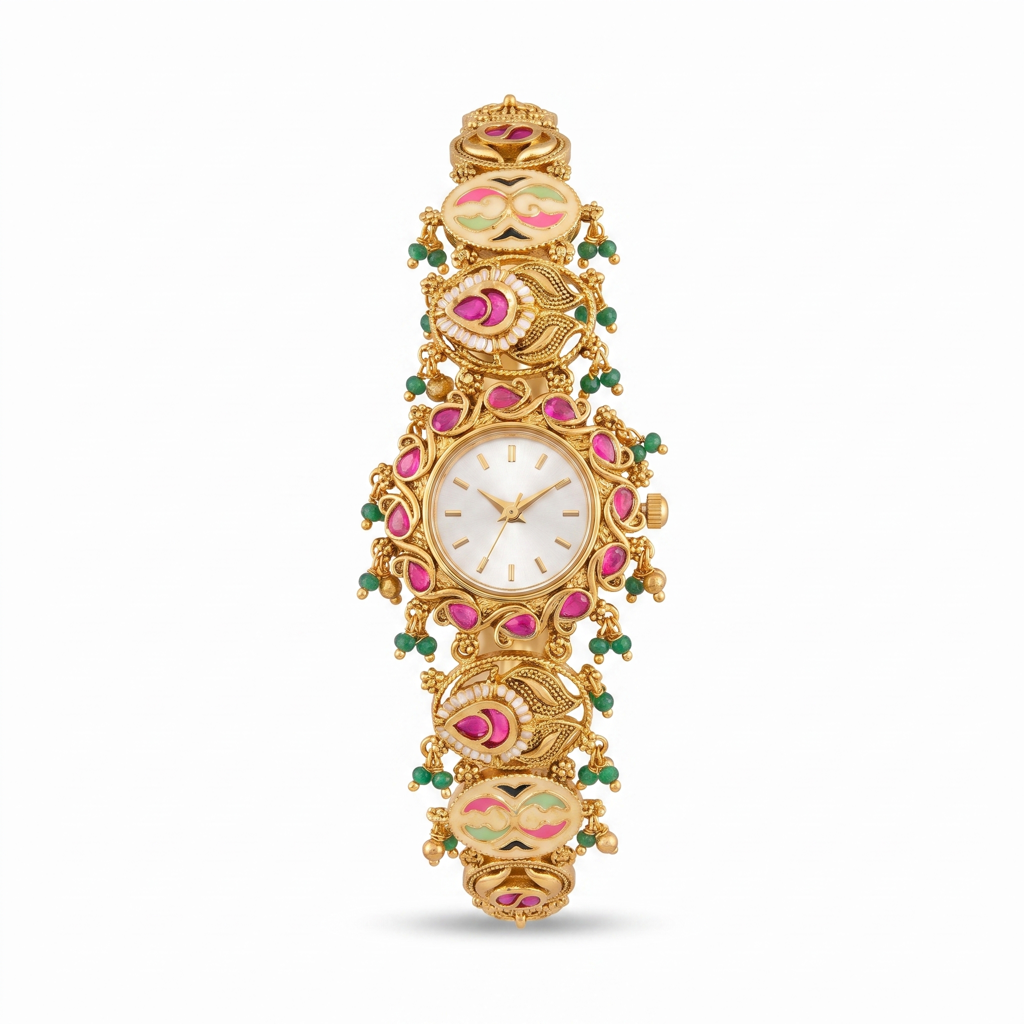 Antique Gold Ruby Emerald Vine Bracelet Watch For Women | Watch For Women & Girls | Stylish Watch | Wrist : KS-MB-WATCH-27-202